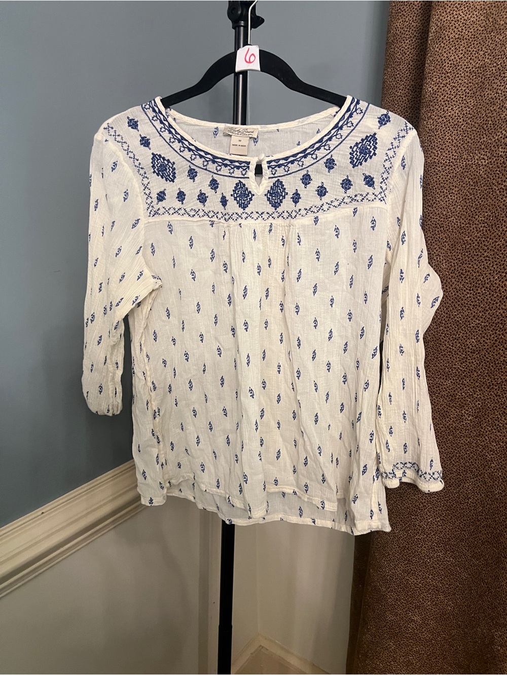 Lucky Brand White Peasant Blouse with Blue Embroidery